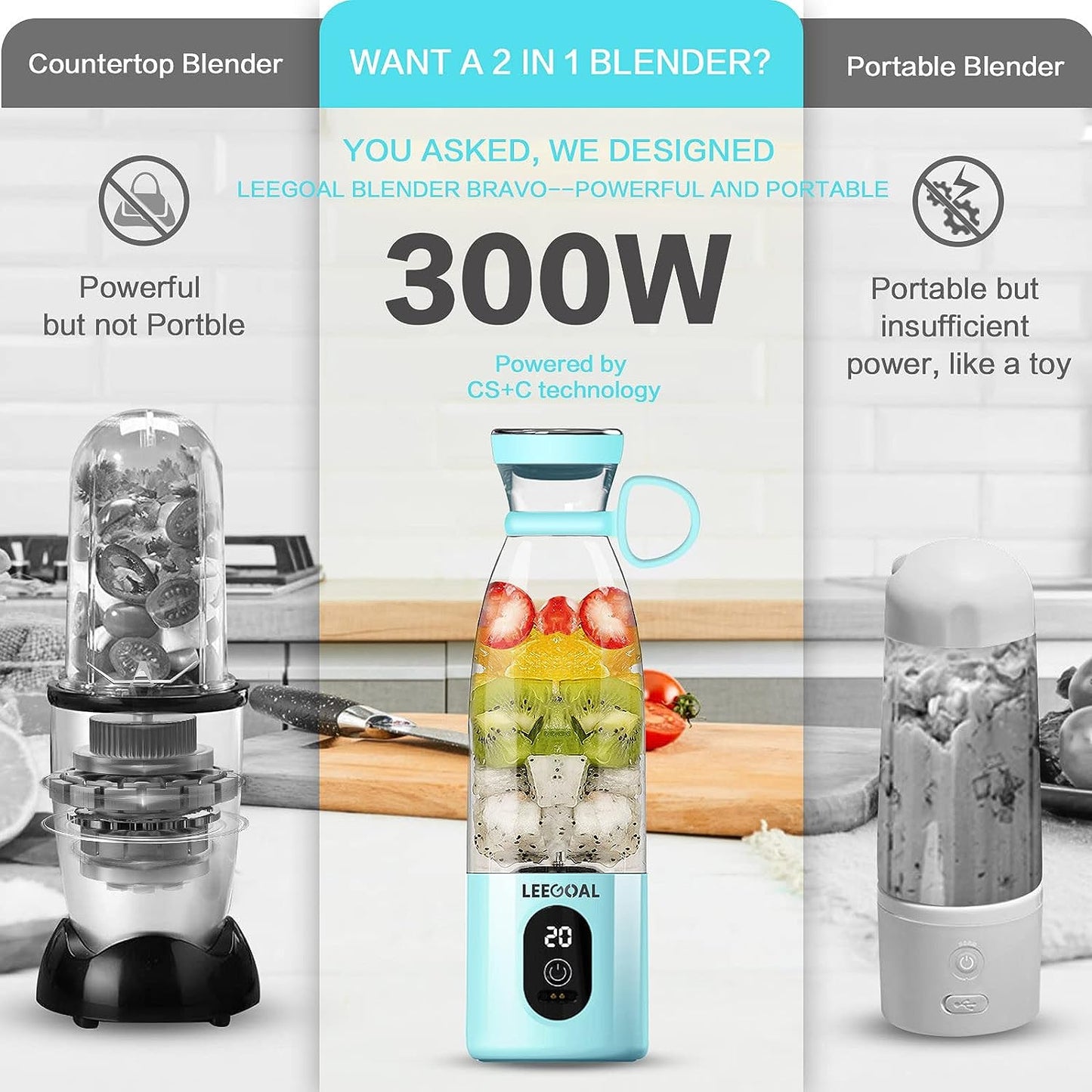 Smoothie Maker, 18OZ/535ML Portable Smoothie Blender Juicer Mixer, 300W Powerful Personal Blender | Crushes Ice Cubes| 3X MORE POWERFUL than Most USB Blenders,  Blender Bravo Blue